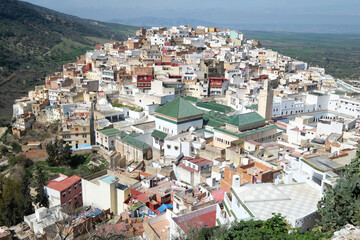 View of Green tiled roofs of the holy city of Moulay Idris Morocco North Africa