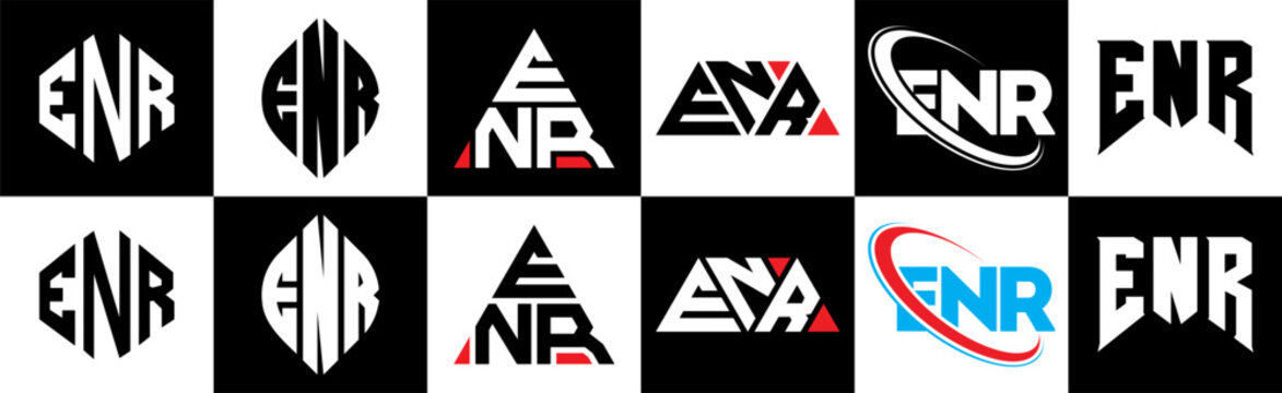 ENR letter logo design in six style. ENR polygon, circle, triangle, hexagon, flat and simple style with black and white color variation letter logo set in one artboard. ENR minimalist and classic logo