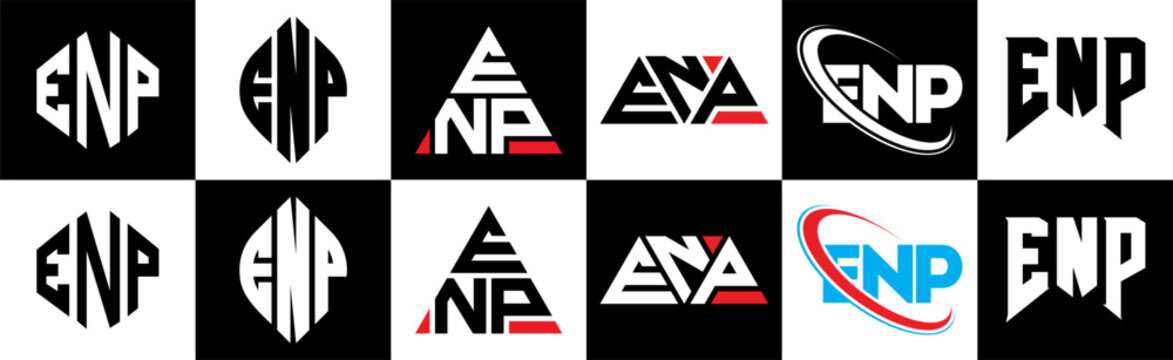 ENP letter logo design in six style. ENP polygon, circle, triangle, hexagon, flat and simple style with black and white color variation letter logo set in one artboard. ENP minimalist and classic logo