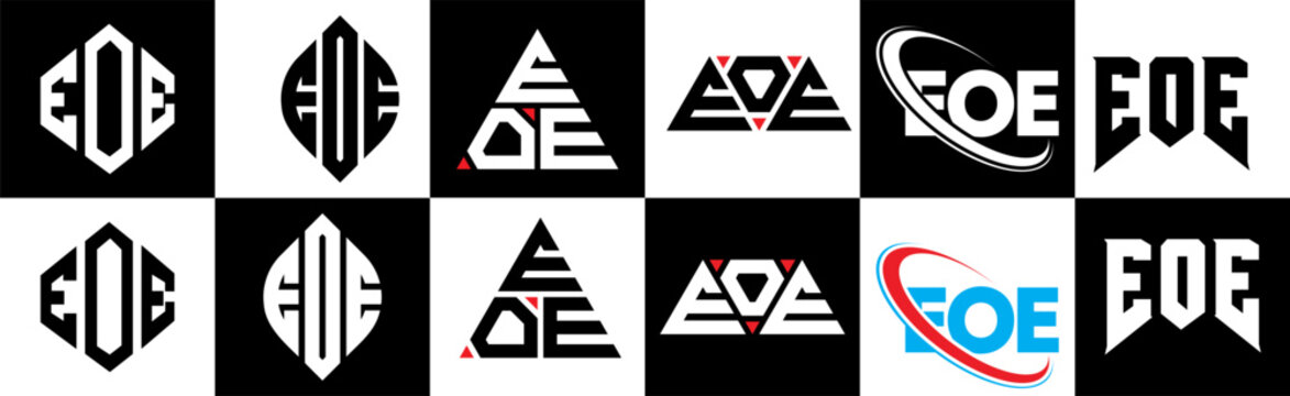 EOE letter logo design in six style. EOE polygon, circle, triangle, hexagon, flat and simple style with black and white color variation letter logo set in one artboard. EOE minimalist and classic logo