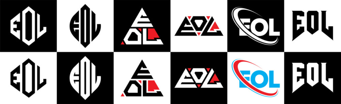 EOL letter logo design in six style. EOL polygon, circle, triangle, hexagon, flat and simple style with black and white color variation letter logo set in one artboard. EOL minimalist and classic logo