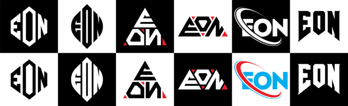 EON letter logo design in six style. EON polygon, circle, triangle, hexagon, flat and simple style with black and white color variation letter logo set in one artboard. EON minimalist and classic logo