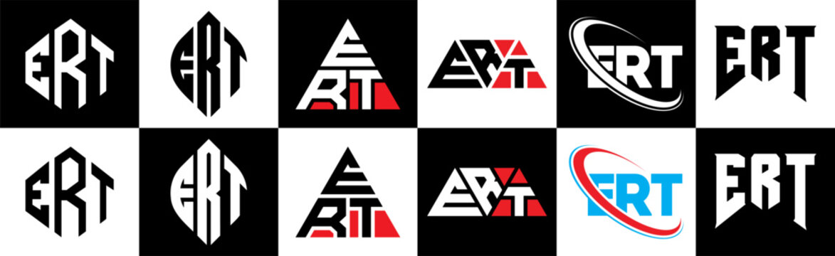 ERT letter logo design in six style. ERT polygon, circle, triangle, hexagon, flat and simple style with black and white color variation letter logo set in one artboard. ERT minimalist and classic logo