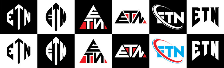ETN letter logo design in six style. ETN polygon, circle, triangle, hexagon, flat and simple style with black and white color variation letter logo set in one artboard. ETN minimalist and classic logo