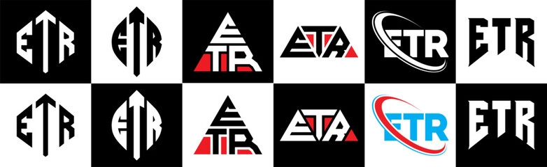 ETR letter logo design in six style. ETR polygon, circle, triangle, hexagon, flat and simple style with black and white color variation letter logo set in one artboard. ETR minimalist and classic logo