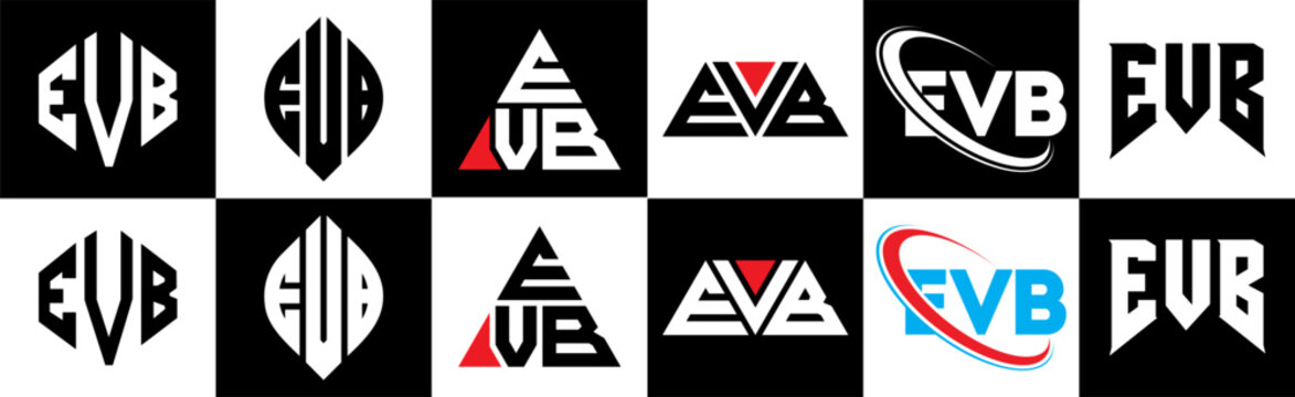 EVB letter logo design in six style. EVB polygon, circle, triangle, hexagon, flat and simple style with black and white color variation letter logo set in one artboard. EVB minimalist and classic logo