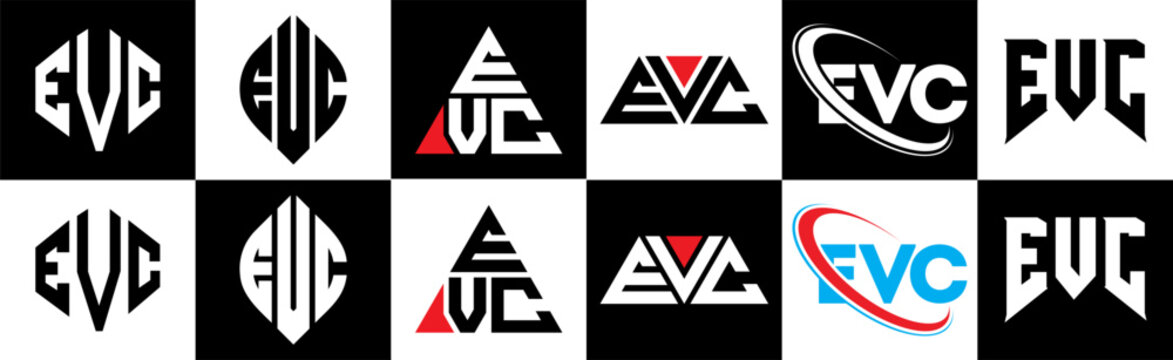 EVC letter logo design in six style. EVC polygon, circle, triangle, hexagon, flat and simple style with black and white color variation letter logo set in one artboard. EVC minimalist and classic logo