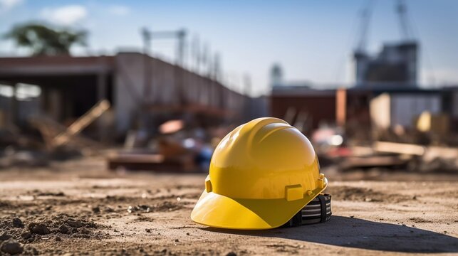 Safety and Progress: Yellow Hardhat on the Ground of an Active Construction Zone