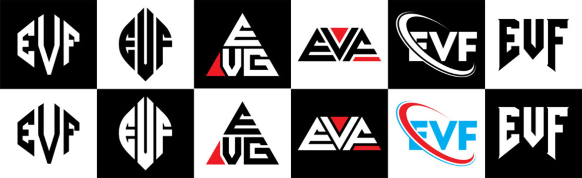 EVF letter logo design in six style. EVF polygon, circle, triangle, hexagon, flat and simple style with black and white color variation letter logo set in one artboard. EVF minimalist and classic logo
