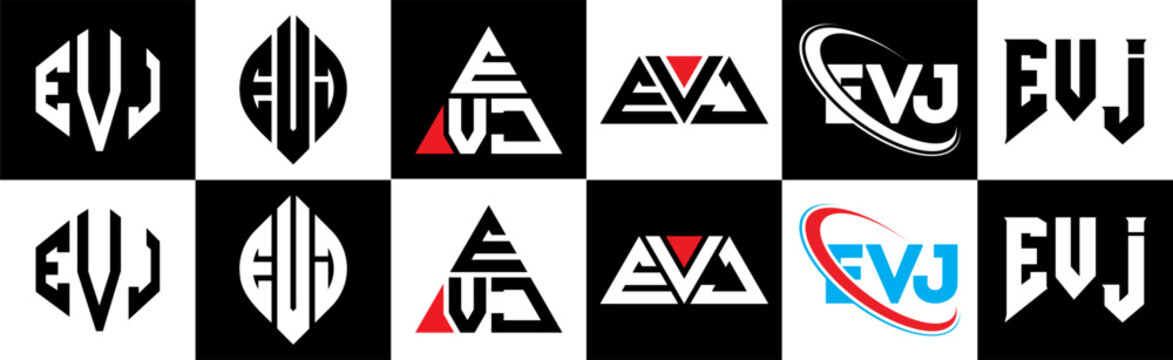 EVJ letter logo design in six style. EVJ polygon, circle, triangle, hexagon, flat and simple style with black and white color variation letter logo set in one artboard. EVJ minimalist and classic logo