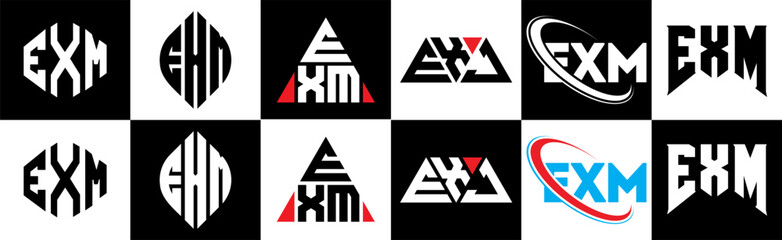 EXM letter logo design in six style. EXM polygon, circle, triangle, hexagon, flat and simple style with black and white color variation letter logo set in one artboard. EXM minimalist and classic logo