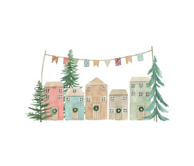 Watercolor Christmas card with houses, fir-tree and garland. Hand drawn  illustration on white background.  Vintage plant