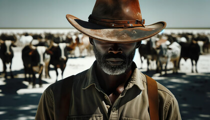 African cattle farmer,close up of a man wearing a cowboy hat with cattle in the background.
