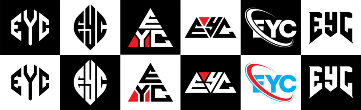 EYC letter logo design in six style. EYC polygon, circle, triangle, hexagon, flat and simple style with black and white color variation letter logo set in one artboard. EYC minimalist and classic logo