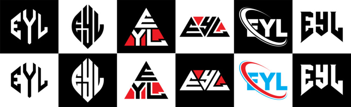 EYL letter logo design in six style. EYL polygon, circle, triangle, hexagon, flat and simple style with black and white color variation letter logo set in one artboard. EYL minimalist and classic logo