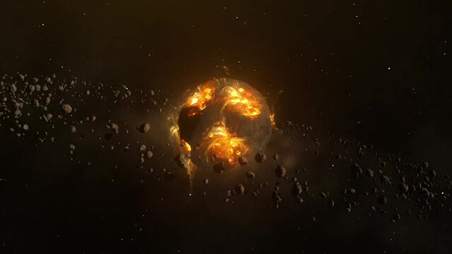 Destroying burning hot Alien Planet with Asteroid belt HD Stock Footage