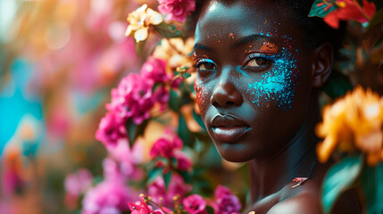 A black woman completely surrounded by flowers