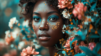 A black woman with colorful makeup completely surrounded by flowers - obrazy, fototapety, plakaty