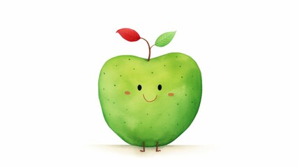 Cute green apple. Happy Fruit on white background with a smile in children's illustration style
