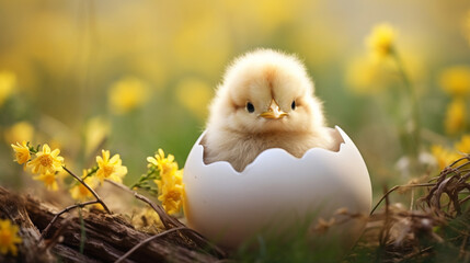 Easter yellow chicken in an eggshell on the background of spring nature. Generative AI - obrazy, fototapety, plakaty