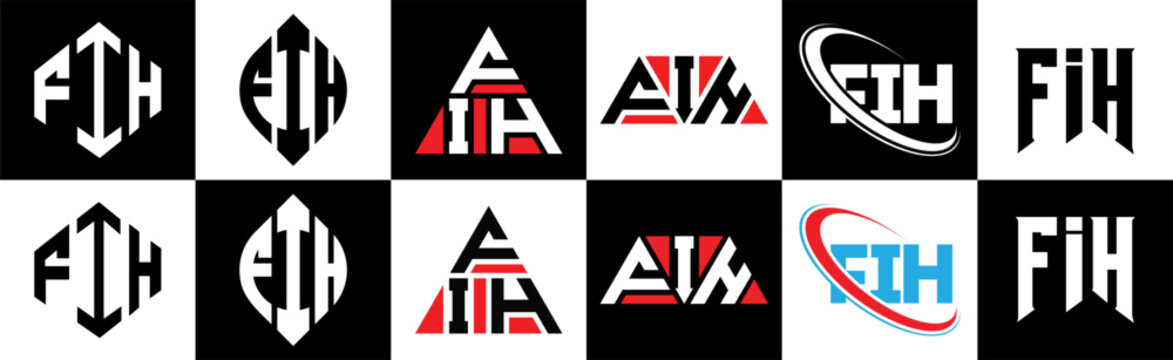 FIH letter logo design in six style. FIH polygon, circle, triangle, hexagon, flat and simple style with black and white color variation letter logo set in one artboard. FIH minimalist and classic logo