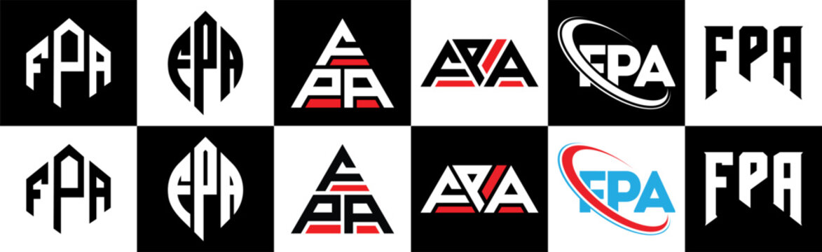 FPA letter logo design in six style. FPA polygon, circle, triangle, hexagon, flat and simple style with black and white color variation letter logo set in one artboard. FPA minimalist and classic logo