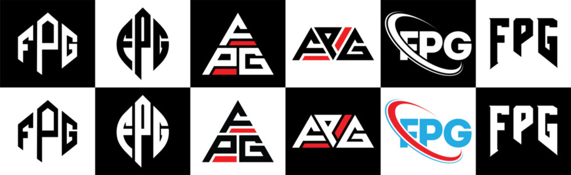 FPG letter logo design in six style. FPG polygon, circle, triangle, hexagon, flat and simple style with black and white color variation letter logo set in one artboard. FPG minimalist and classic logo