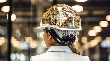 Woman in a safety helmet, engineer. The use of digital technologies in production and industry.