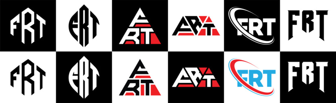 FRT letter logo design in six style. FRT polygon, circle, triangle, hexagon, flat and simple style with black and white color variation letter logo set in one artboard. FRT minimalist and classic logo