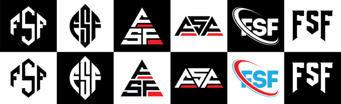 FSF letter logo design in six style. FSF polygon, circle, triangle, hexagon, flat and simple style with black and white color variation letter logo set in one artboard. FSF minimalist and classic logo