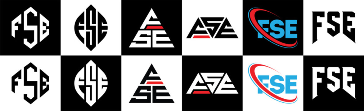 FSE letter logo design in six style. FSE polygon, circle, triangle, hexagon, flat and simple style with black and white color variation letter logo set in one artboard. FSE minimalist and classic logo