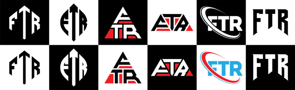 FTR letter logo design in six style. FTR polygon, circle, triangle, hexagon, flat and simple style with black and white color variation letter logo set in one artboard. FTR minimalist and classic logo