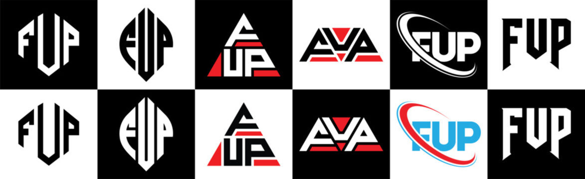 FUP letter logo design in six style. FUP polygon, circle, triangle, hexagon, flat and simple style with black and white color variation letter logo set in one artboard. FUP minimalist and classic logo