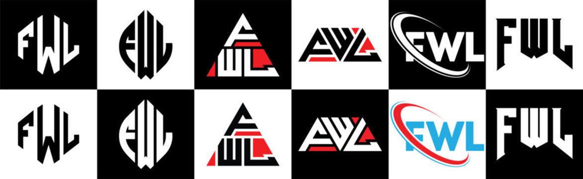 FWL letter logo design in six style. FWL polygon, circle, triangle, hexagon, flat and simple style with black and white color variation letter logo set in one artboard. FWL minimalist and classic logo