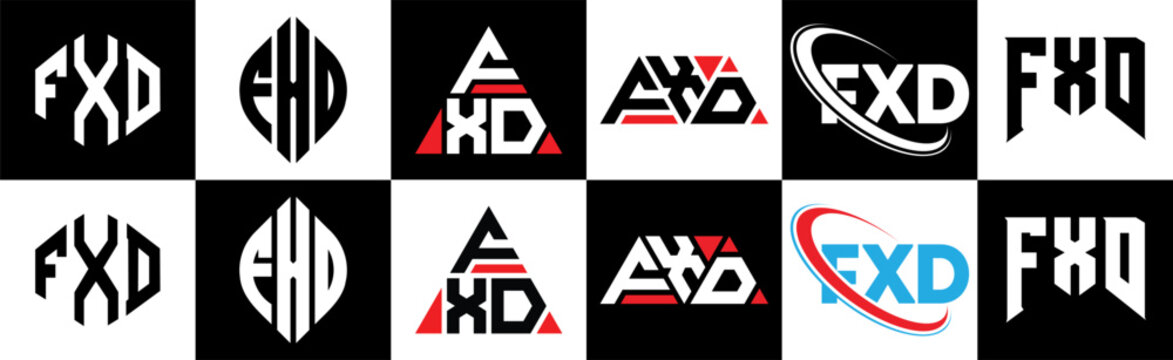FXD letter logo design in six style. FXD polygon, circle, triangle, hexagon, flat and simple style with black and white color variation letter logo set in one artboard. FXD minimalist and classic logo