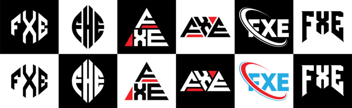 FXE letter logo design in six style. FXE polygon, circle, triangle, hexagon, flat and simple style with black and white color variation letter logo set in one artboard. FXE minimalist and classic logo
