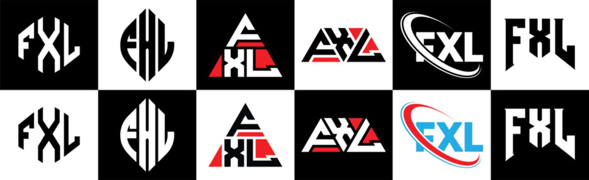 FXL letter logo design in six style. FXL polygon, circle, triangle, hexagon, flat and simple style with black and white color variation letter logo set in one artboard. FXL minimalist and classic logo