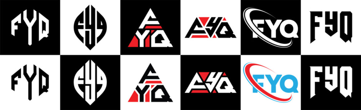 FYQ letter logo design in six style. FYQ polygon, circle, triangle, hexagon, flat and simple style with black and white color variation letter logo set in one artboard. FYQ minimalist and classic logo