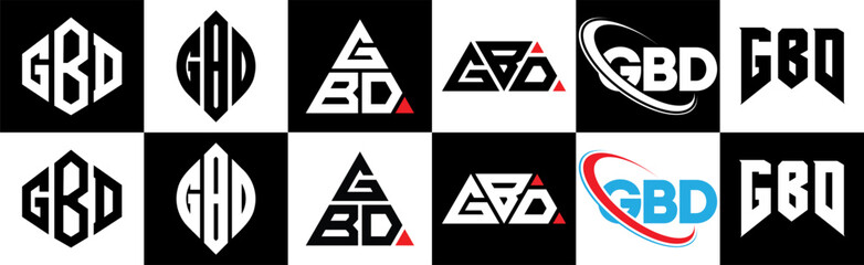 GBD letter logo design in six style. GBD polygon, circle, triangle, hexagon, flat and simple style with black and white color variation letter logo set in one artboard. GBD minimalist and classic logo