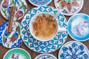 Traditional Turkish Drink Sahlep (Salep), Blanket in the Winter Mood Photo, Uskudar Istanbul, Turkiye (Turkey)