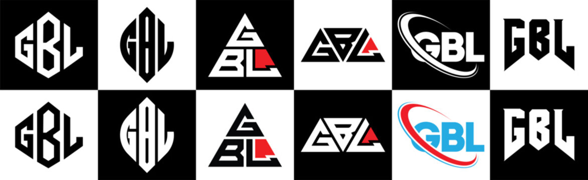 GBL letter logo design in six style. GBL polygon, circle, triangle, hexagon, flat and simple style with black and white color variation letter logo set in one artboard. GBL minimalist and classic logo