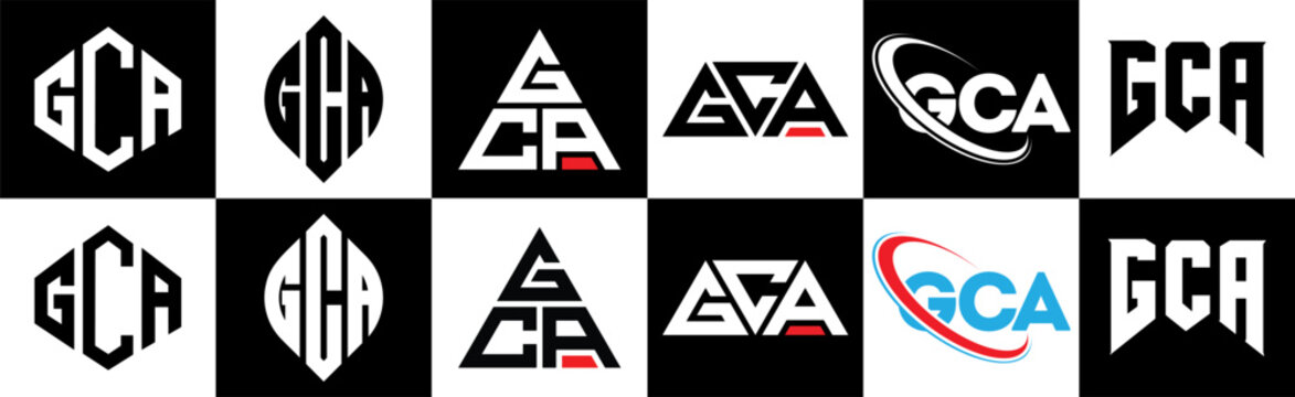 GCA letter logo design in six style. GCA polygon, circle, triangle, hexagon, flat and simple style with black and white color variation letter logo set in one artboard. GCA minimalist and classic logo