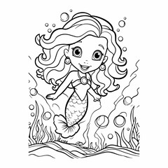 happy mermaid cute outline coloring page illustration