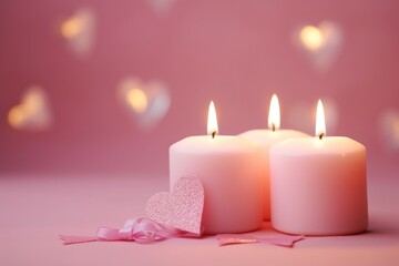Obraz na płótnie Canvas pink burning candles with heart cards on a pink background. love, romance, Valentine's day