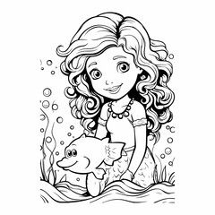 happy mermaid cute outline coloring page illustration