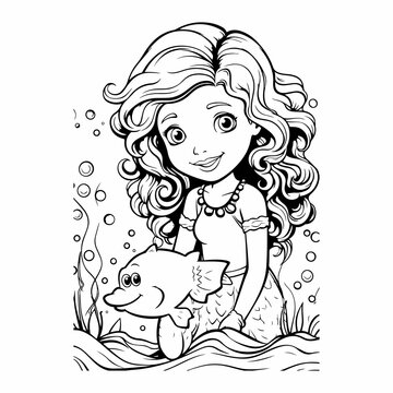 happy mermaid cute outline coloring page illustration
