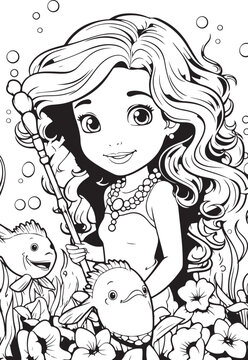 happy mermaid cute outline coloring page illustration