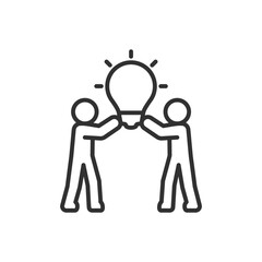 Coming up with an idea together, linear icon. People holding a light bulb with rays. Line with editable stroke