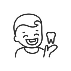 Removal of teeth in children, linear icon. A child holds a tooth. Line with editable stroke