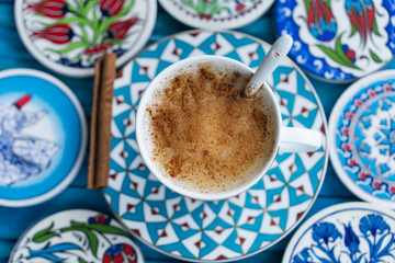 Traditional Turkish Drink Sahlep (Salep), Blanket in the Winter Mood Photo, Uskudar Istanbul, Turkiye (Turkey)